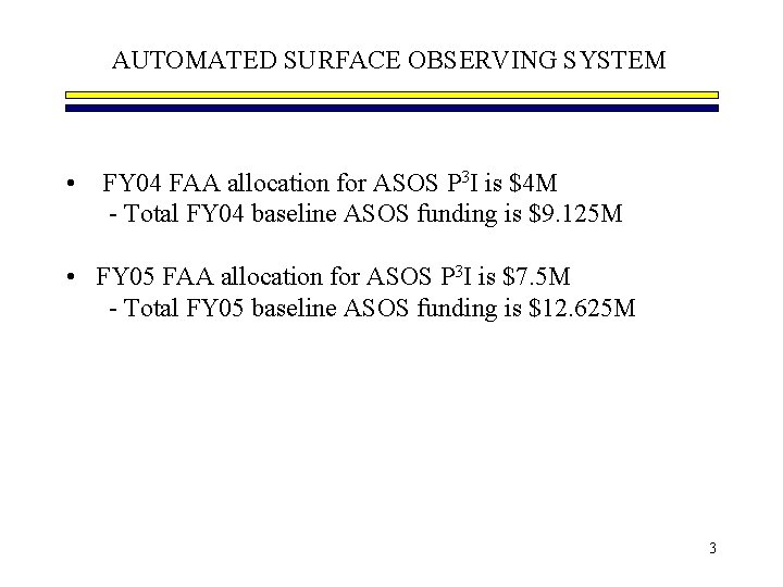 AUTOMATED SURFACE OBSERVING SYSTEM • FY 04 FAA allocation for ASOS P 3 I