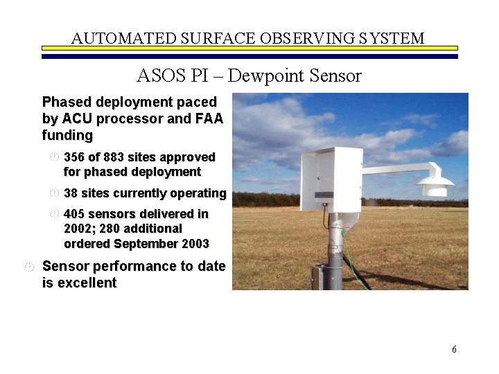AUTOMATED SURFACE OBSERVING SYSTEM ASOS PI – Dewpoint Sensor l Phased deployment paced by