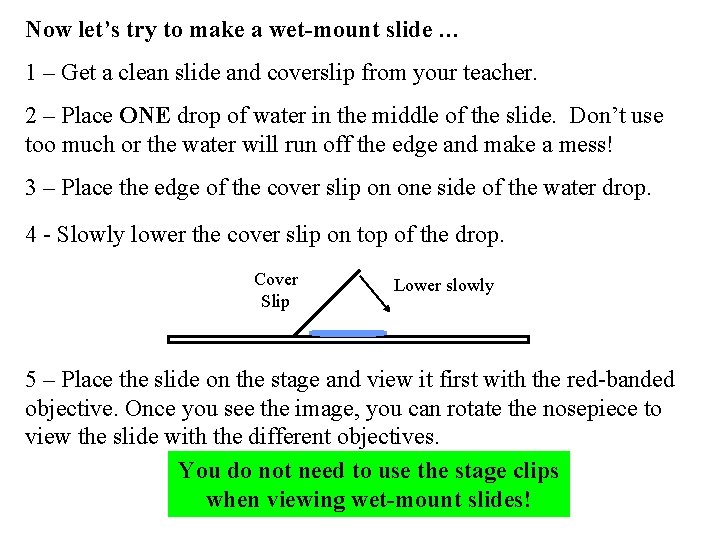 Now let’s try to make a wet-mount slide … 1 – Get a clean