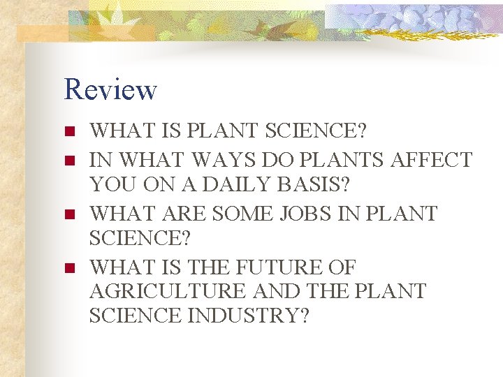 Review n n WHAT IS PLANT SCIENCE? IN WHAT WAYS DO PLANTS AFFECT YOU