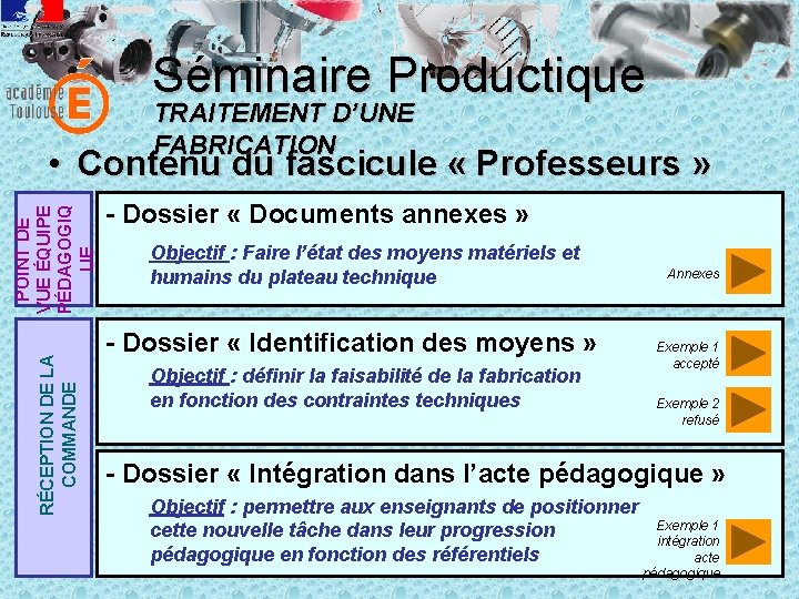 Séminaire Productique TRAITEMENT D’UNE FABRICATION RÉCEPTION DE LA COMMANDE POINT DE VUE ÉQUIPE PÉDAGOGIQ