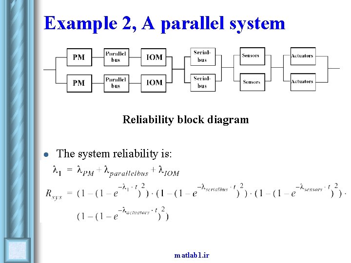 Example 2, A parallel system Reliability block diagram l The system reliability is: matlab