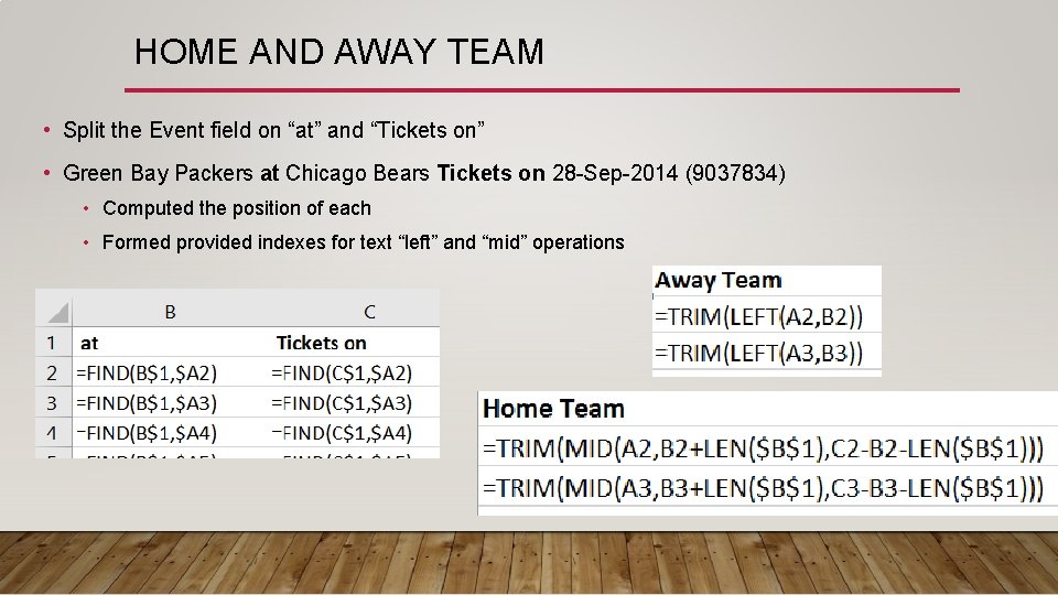 HOME AND AWAY TEAM • Split the Event field on “at” and “Tickets on”