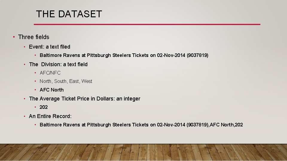 THE DATASET • Three fields • Event: a text filed • Baltimore Ravens at