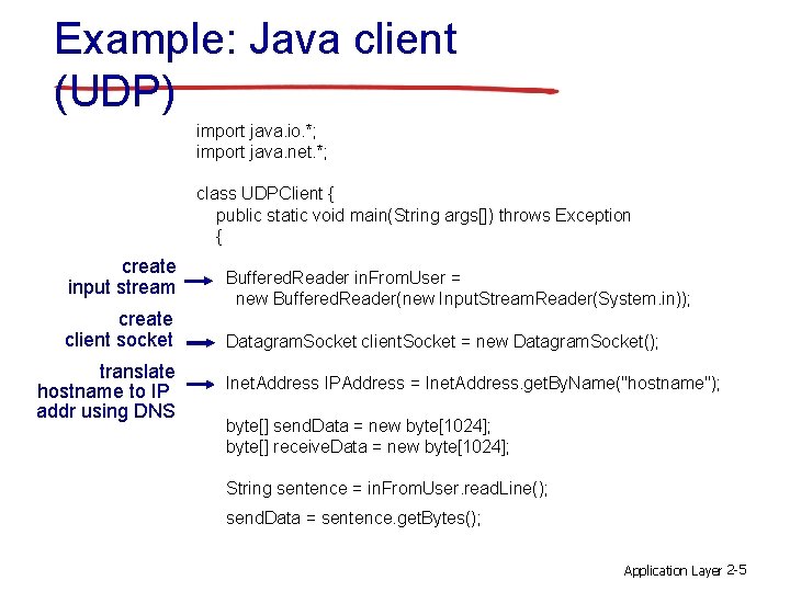 Example: Java client (UDP) import java. io. *; import java. net. *; class UDPClient