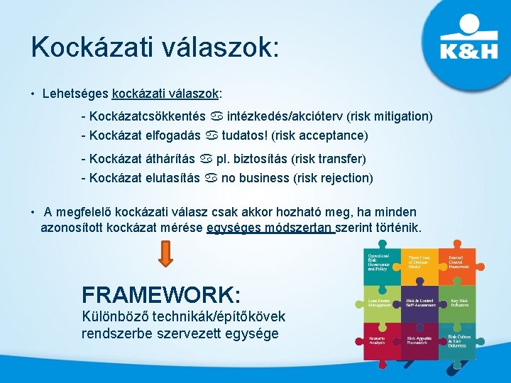 Kockázati válaszok: • Lehetséges kockázati válaszok: - Kockázatcsökkentés a intézkedés/akcióterv (risk mitigation) - Kockázat