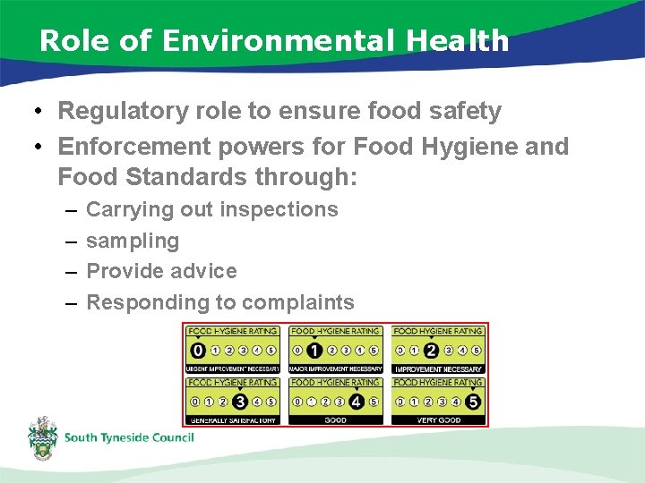 Role of Environmental Health • Regulatory role to ensure food safety • Enforcement powers