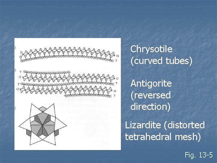 Chrysotile (curved tubes) Antigorite (reversed direction) Lizardite (distorted tetrahedral mesh) Fig. 13 -5 