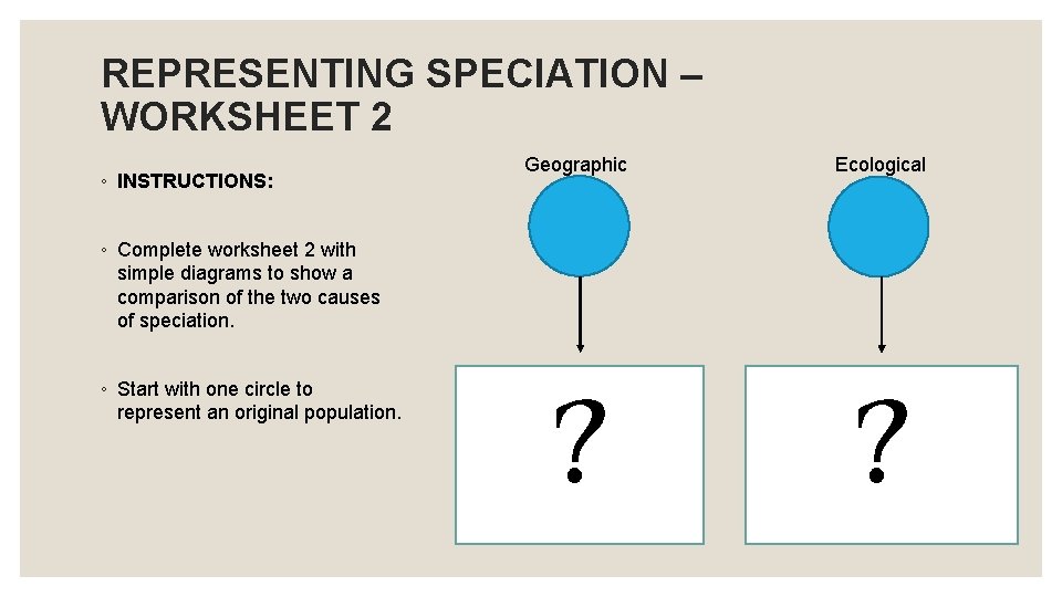 REPRESENTING SPECIATION – WORKSHEET 2 ◦ INSTRUCTIONS: Geographic Ecological ◦ Complete worksheet 2 with