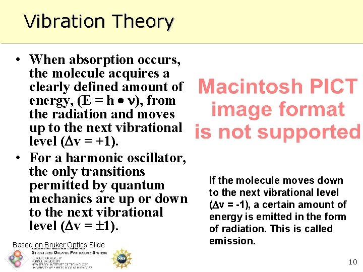 Vibration Theory • When absorption occurs, the molecule acquires a clearly defined amount of