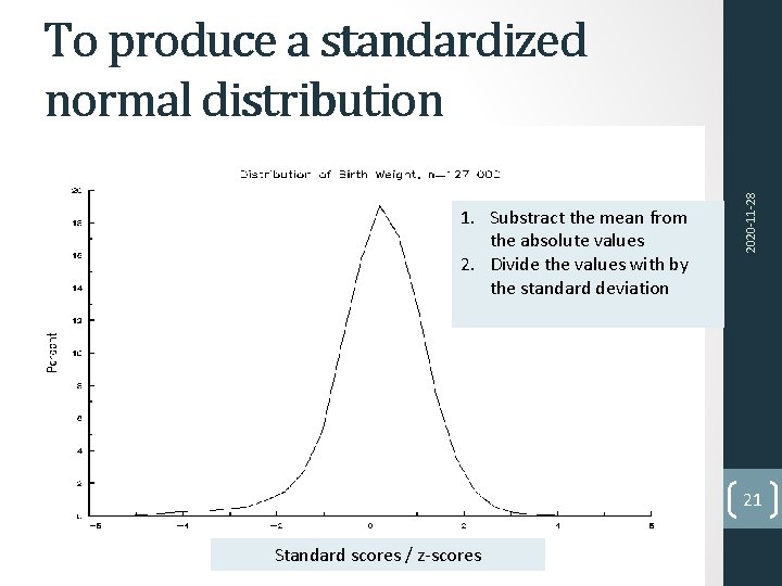 1. Substract the mean from the absolute values 2. Divide the values with by