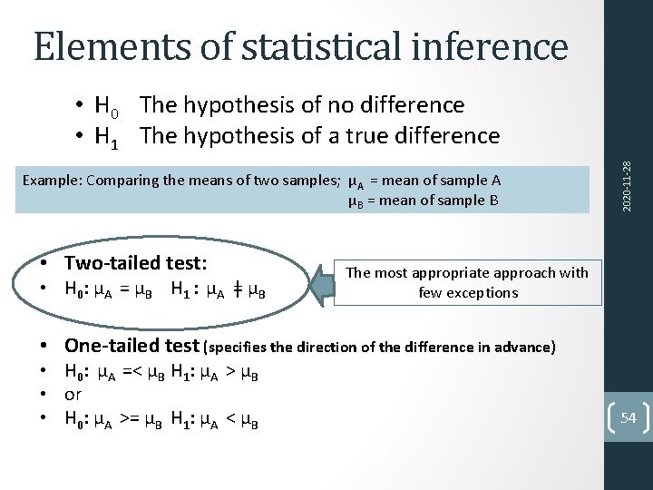 Elements of statistical inference Example: Comparing the means of two samples; μA = mean