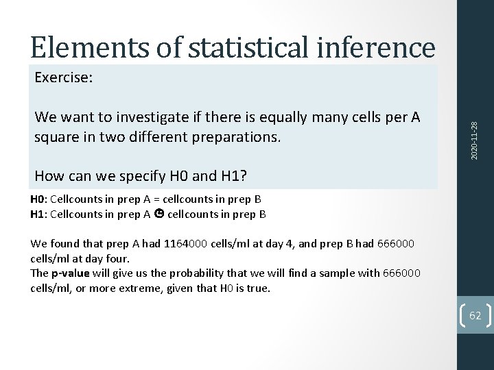 Elements of statistical inference We want to investigate if there is equally many cells