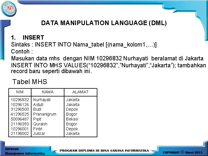 DATA MANIPULATION LANGUAGE (DML) 1. INSERT Sintaks : INSERT INTO Nama_tabel [(nama_kolom 1, …)]