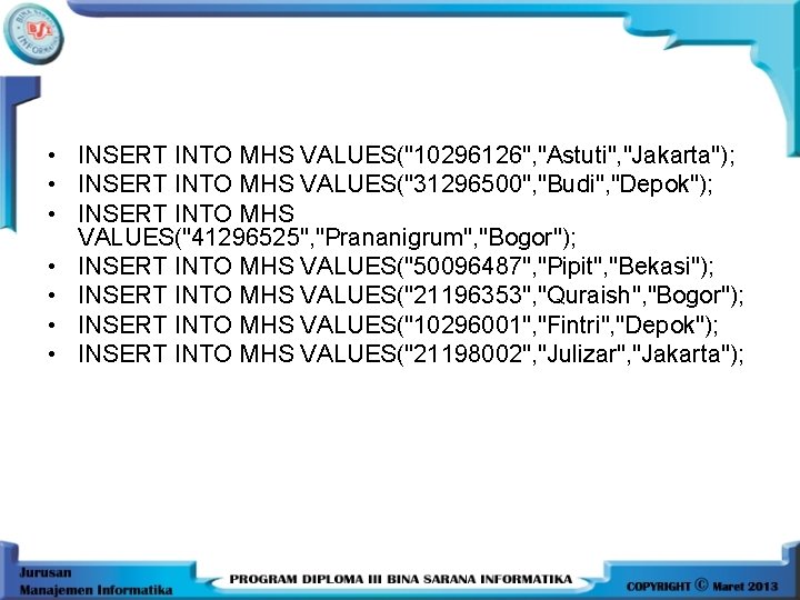  • INSERT INTO MHS VALUES("10296126", "Astuti", "Jakarta"); • INSERT INTO MHS VALUES("31296500", "Budi",