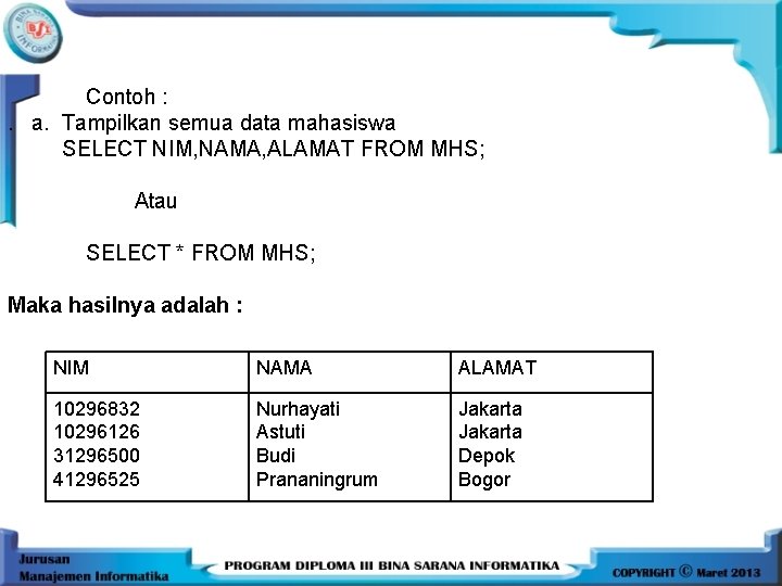 Contoh : . a. Tampilkan semua data mahasiswa SELECT NIM, NAMA, ALAMAT FROM MHS;