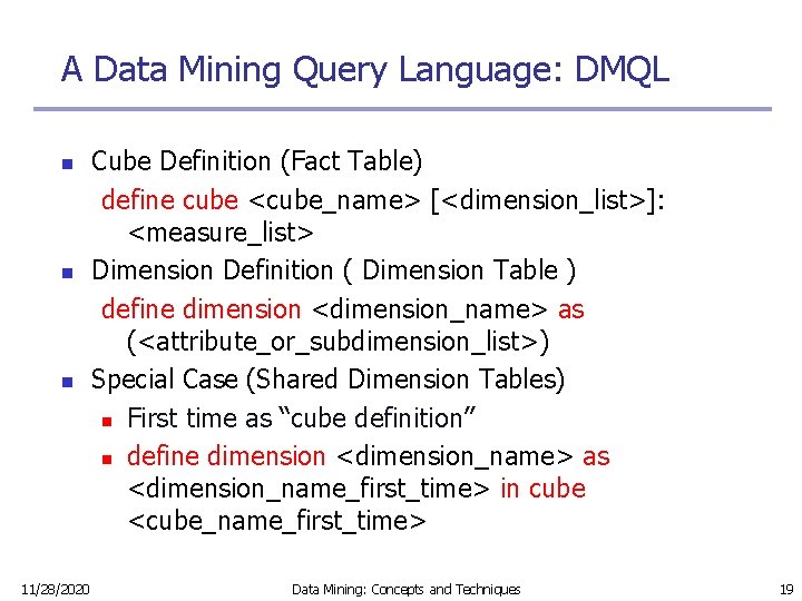 A Data Mining Query Language: DMQL n n n 11/28/2020 Cube Definition (Fact Table)