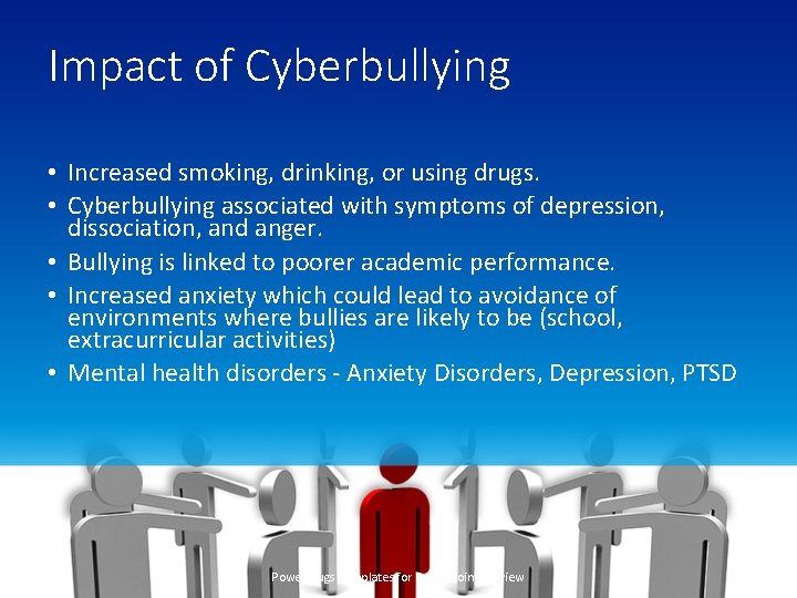 Impact of Cyberbullying • Increased smoking, drinking, or using drugs. • Cyberbullying associated with
