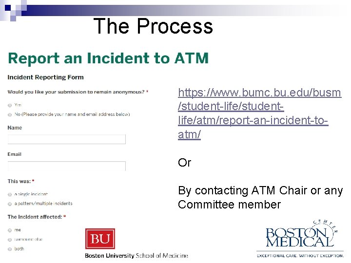 The Process https: //www. bumc. bu. edu/busm /student-life/studentlife/atm/report-an-incident-toatm/ Or By contacting ATM Chair or