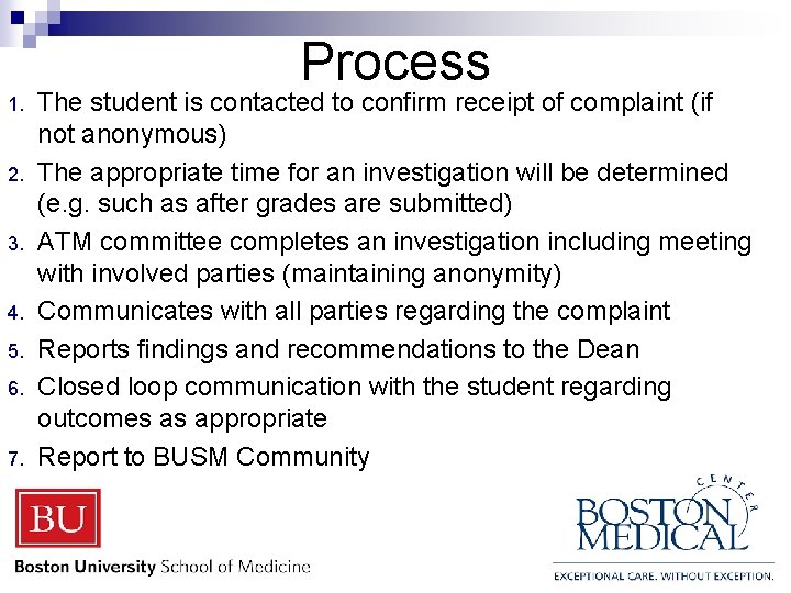 Process 1. 2. 3. 4. 5. 6. 7. The student is contacted to confirm