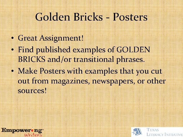 Golden Bricks - Posters • Great Assignment! • Find published examples of GOLDEN BRICKS
