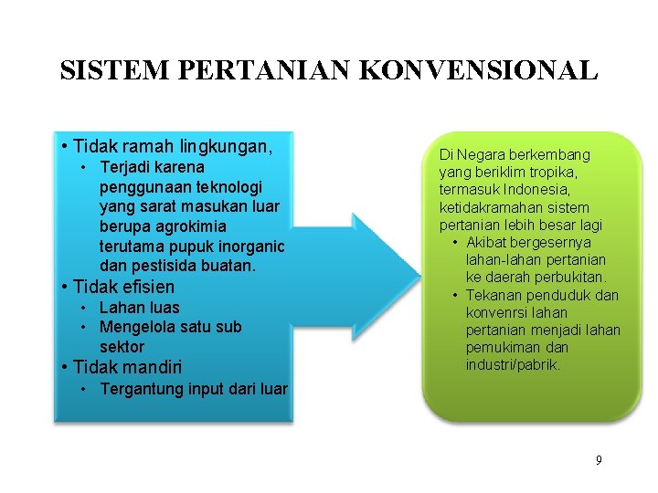 SISTEM PERTANIAN KONVENSIONAL • Tidak ramah lingkungan, • Terjadi karena penggunaan teknologi yang sarat