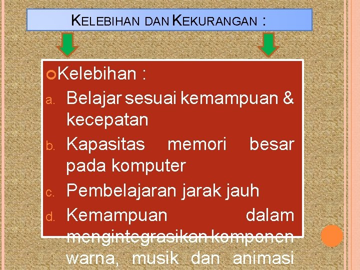 KELEBIHAN DAN KEKURANGAN : Kelebihan : a. b. c. d. Belajar sesuai kemampuan &