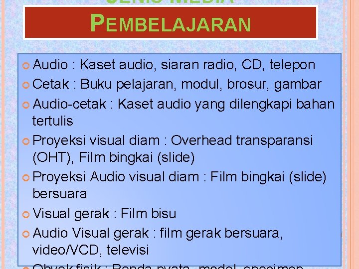 JENIS MEDIA PEMBELAJARAN Audio : Kaset audio, siaran radio, CD, telepon Cetak : Buku
