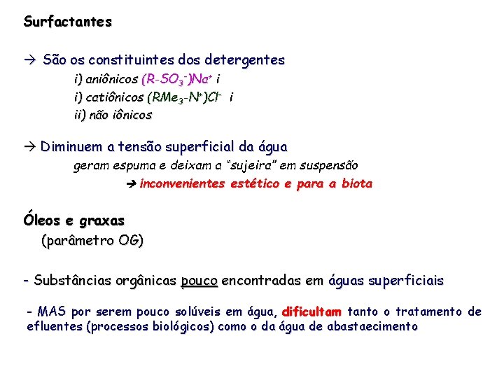 Surfactantes São os constituintes dos detergentes i) aniônicos (R-SO 3 -)Na+ i i) catiônicos