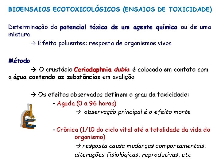 BIOENSAIOS ECOTOXICOLÓGICOS (ENSAIOS DE TOXICIDADE) Determinação do potencial tóxico de um agente químico ou