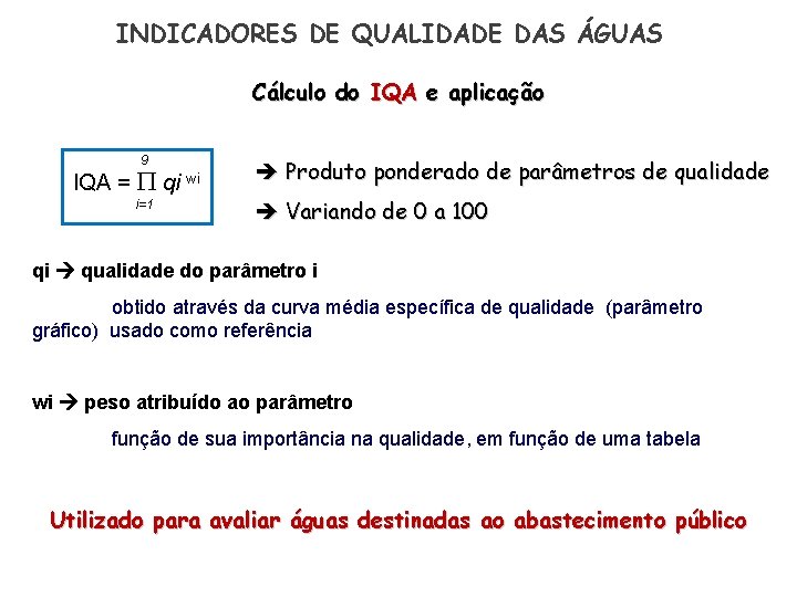 INDICADORES DE QUALIDADE DAS ÁGUAS Cálculo do IQA e aplicação 9 IQA = qi