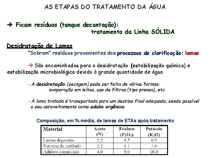 AS ETAPAS DO TRATAMENTO DA ÁGUA Ficam resíduos (tanque decantação): tratamento da Linha SÓLIDA