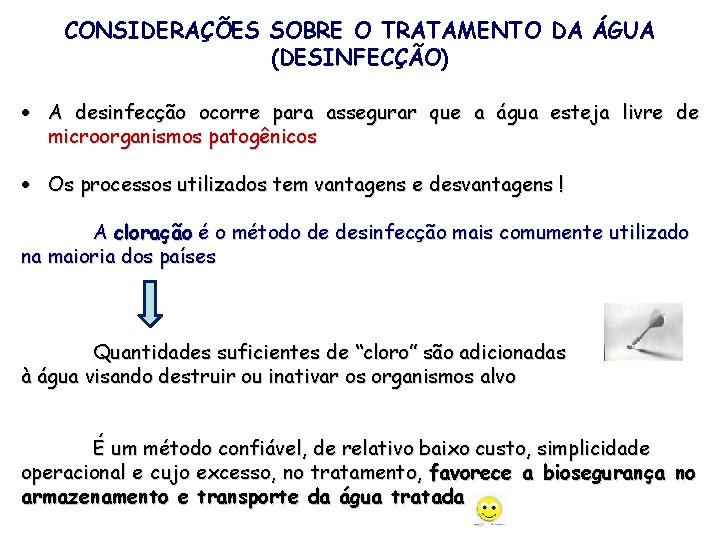 CONSIDERAÇÕES SOBRE O TRATAMENTO DA ÁGUA (DESINFECÇÃO) A desinfecção ocorre para assegurar que a