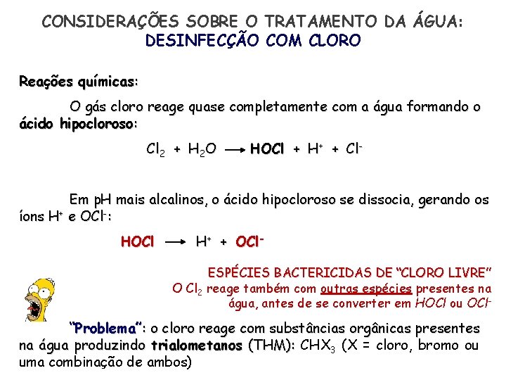CONSIDERAÇÕES SOBRE O TRATAMENTO DA ÁGUA: DESINFECÇÃO COM CLORO Reações químicas: O gás cloro