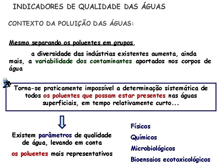 INDICADORES DE QUALIDADE DAS ÁGUAS CONTEXTO DA POLUIÇÃO DAS ÁGUAS: Mesmo separando os poluentes
