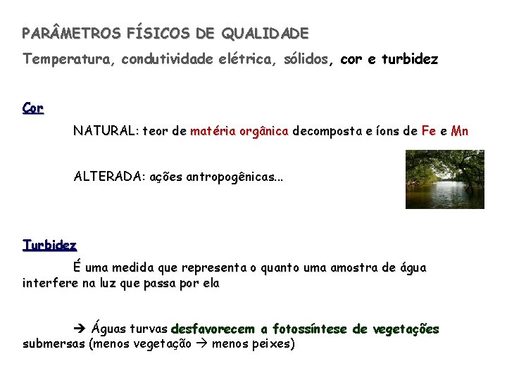 PAR METROS FÍSICOS DE QUALIDADE Temperatura, condutividade elétrica, sólidos, cor e turbidez Cor NATURAL: