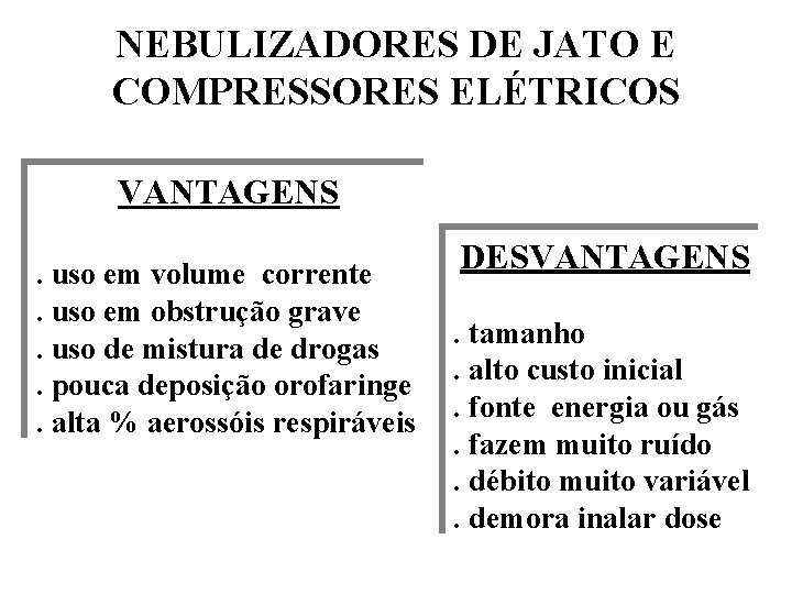 NEBULIZADORES DE JATO E COMPRESSORES ELÉTRICOS VANTAGENS. uso em volume corrente. uso em obstrução