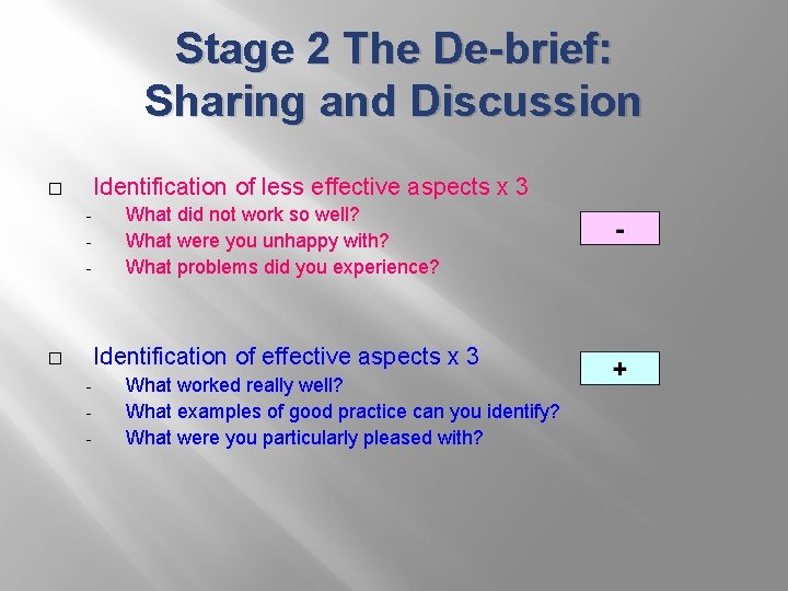 Stage 2 The De-brief: Sharing and Discussion Identification of less effective aspects x 3