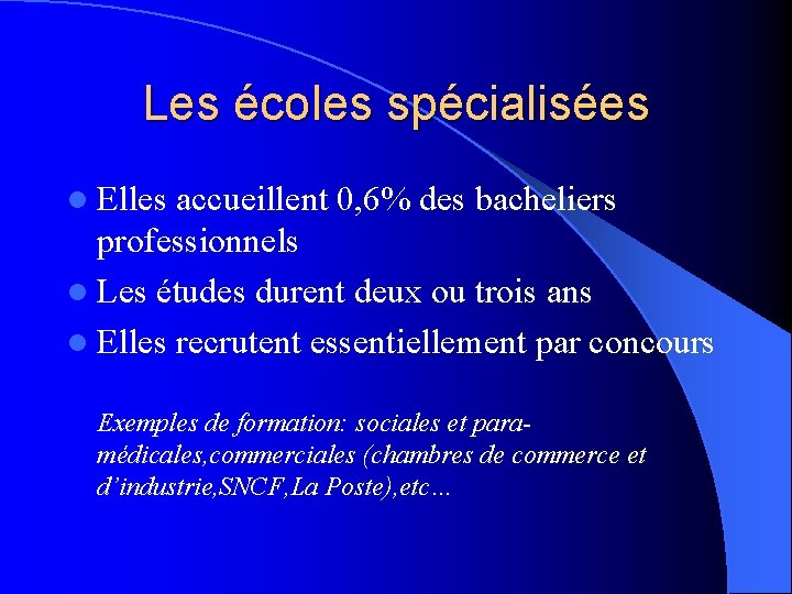 Les écoles spécialisées l Elles accueillent 0, 6% des bacheliers professionnels l Les études