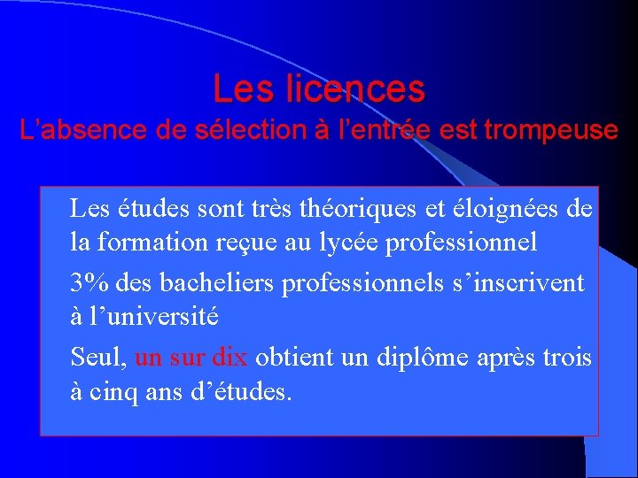 Les licences L’absence de sélection à l’entrée est trompeuse l Les études sont très