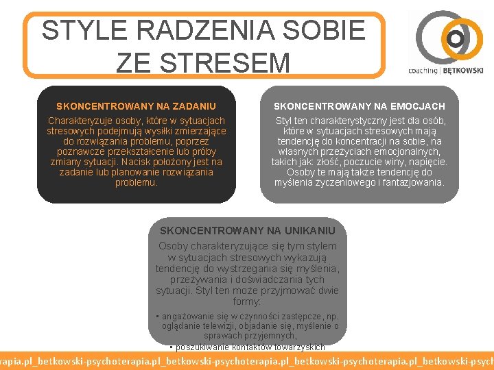 STYLE RADZENIA SOBIE ZE STRESEM SKONCENTROWANY NA ZADANIU SKONCENTROWANY NA EMOCJACH Charakteryzuje osoby, które