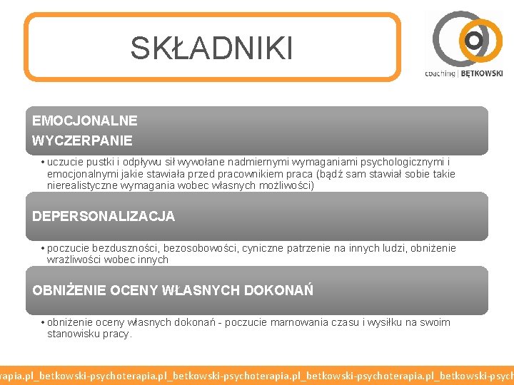 SKŁADNIKI EMOCJONALNE WYCZERPANIE • uczucie pustki i odpływu sił wywołane nadmiernymi wymaganiami psychologicznymi i