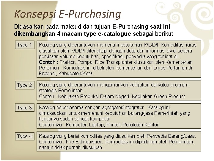 Konsepsi E-Purchasing Didasarkan pada maksud dan tujuan E-Purchasing saat ini dikembangkan 4 macam type