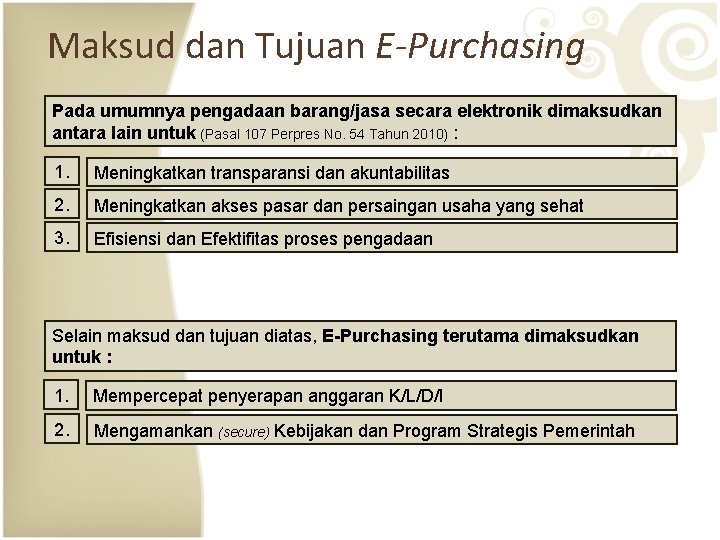 Maksud dan Tujuan E-Purchasing Pada umumnya pengadaan barang/jasa secara elektronik dimaksudkan antara lain untuk