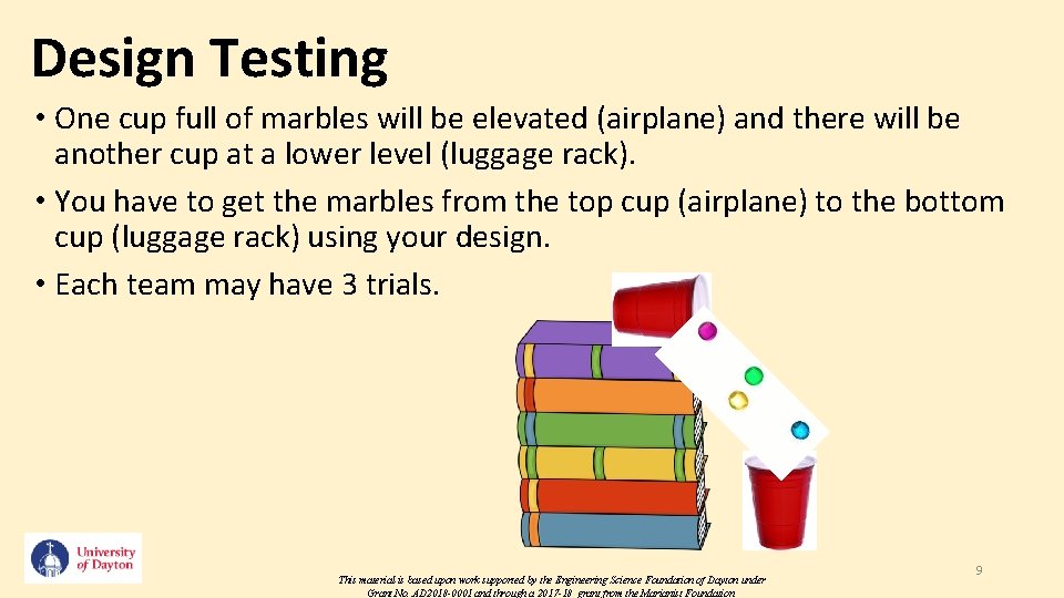 Design Testing • One cup full of marbles will be elevated (airplane) and there