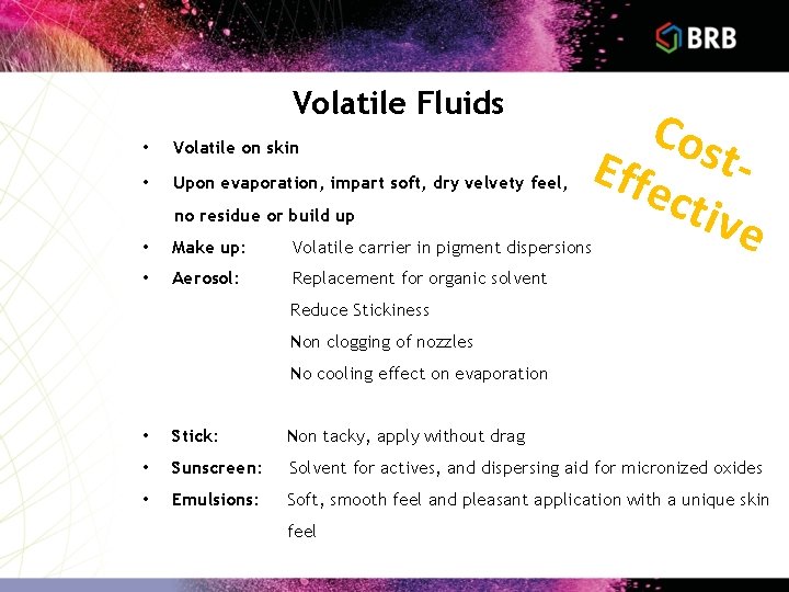 Volatile Fluids • Volatile on skin • Upon evaporation, impart soft, dry velvety feel, Volatile Fluids • Volatile on skin • Upon evaporation, impart soft, dry velvety feel,