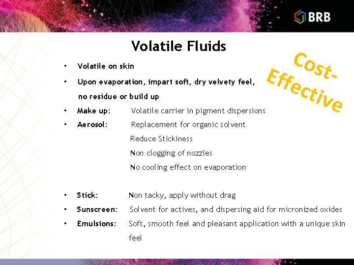 Volatile Fluids • Volatile on skin • Upon evaporation, impart soft, dry velvety feel,