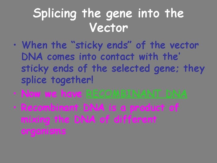 Splicing the gene into the Vector • When the “sticky ends” of the vector