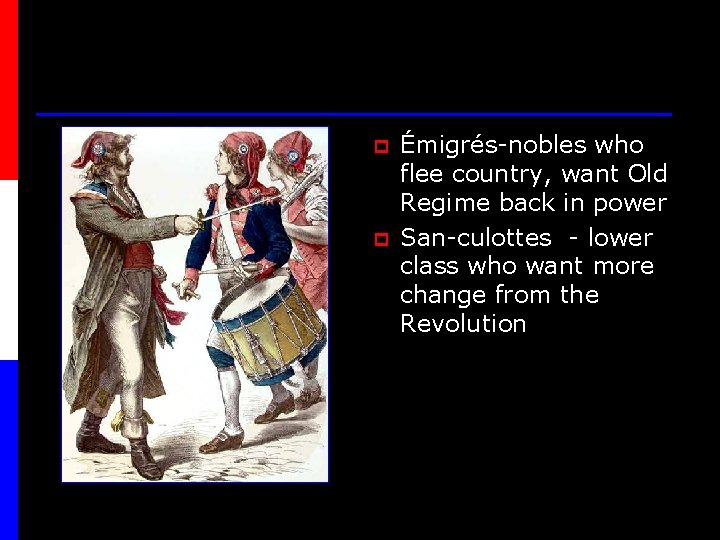 p p Émigrés-nobles who flee country, want Old Regime back in power San-culottes -