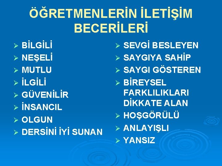 ÖĞRETMENLERİN İLETİŞİM BECERİLERİ BİLGİLİ Ø NEŞELİ Ø MUTLU Ø İLGİLİ Ø GÜVENİLİR Ø İNSANCIL